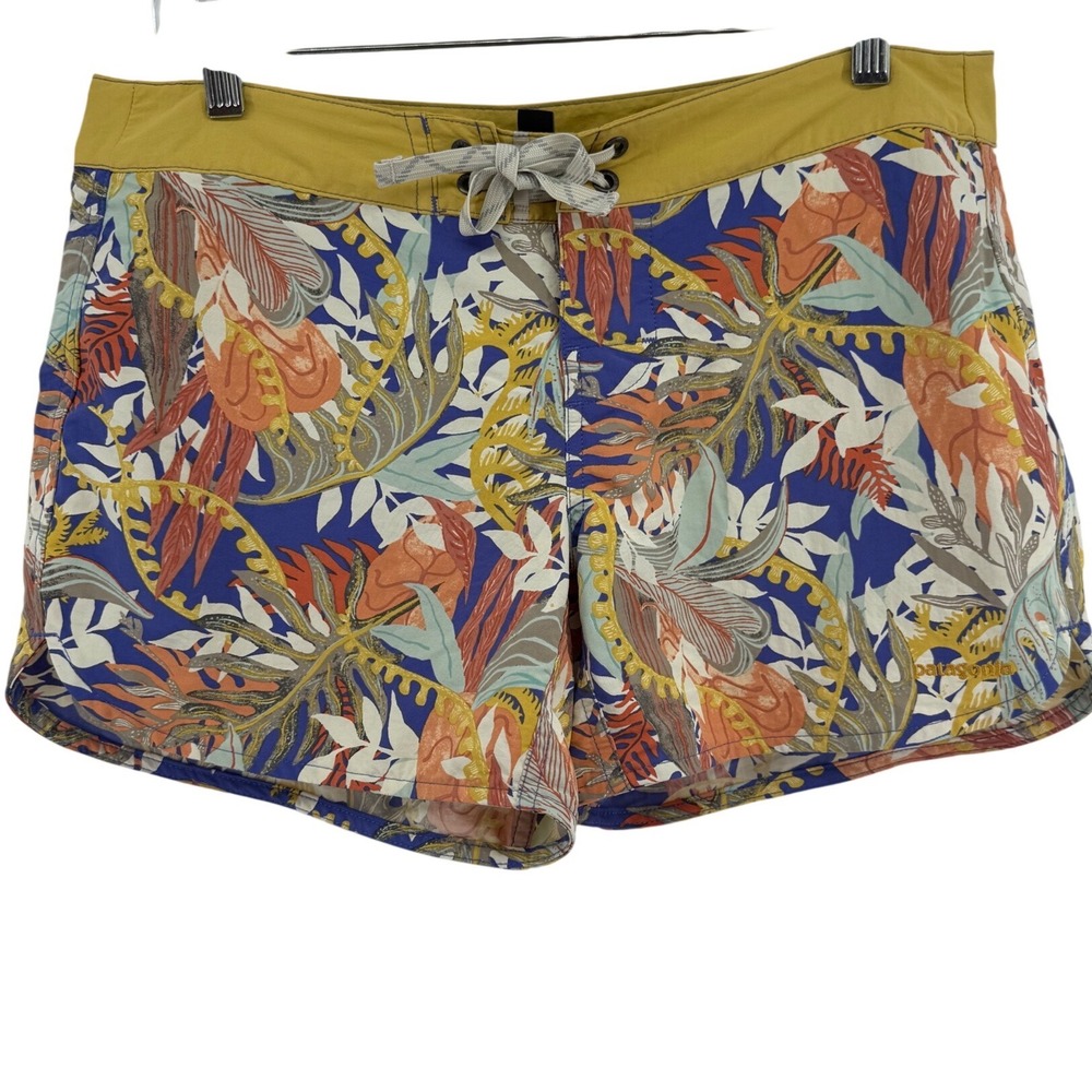 Patagonia Womens Tropical Leaf Board Shorts Blue Yellow Recycled Nylon Size 8